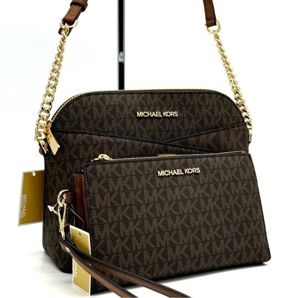 MICHAEL KORS Jet Set Travel Medium Dome Crossbody Bag & Double Zip Wallet Brown - Picture 1 of 13